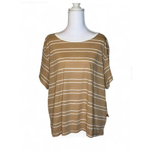 Halogen Striped Linen-Blend Short Sleeve Tee – Tan & White – XL -NWT